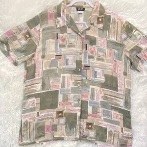 Vintage STUNT 100% Silk Geometric Neutral Pastel Color Print Size XL